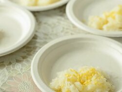 panning : sliced mango and sticky rice is on paper plate Stock Footage