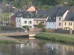 WS View of old town with castle ruin and river Saar / Saarburg, Saar-Valley, Rhineland-Palatinate, Germany Stock Footage