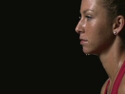 SLO MO, CU, TU, Profile of exhausted female tennis player at night, Santa Barbara, California, USA Stock Footage