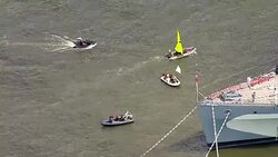 Aerials of Fishing for Leave and Vote Remain EU Referendum Campaign Boats on the River Thames News Clip