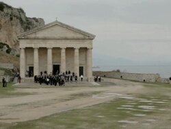 WS PAN Easter parade outside Church of St. George AUDIO / Kerkyra, Corfu, Greece Stock Footage