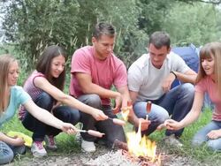 Group of teenagers grilling sausages on campfire. Stock Footage