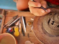 Overhead view of Carved pottery,Dollyshot Stock Footage