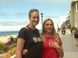 Kerri Walsh Jennings and Elisabeth RÃ¶hm at ASICS World Series Of Beach Volleyball in Manhattan Beach, CA, on 6/25/13. (Getty Images Entertainment Video) Stock Footage