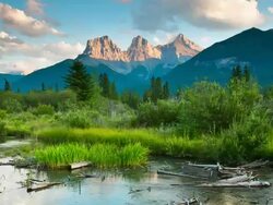 Time lapse Dolly movement of mountains, clouds and meadow stream Stock Footage