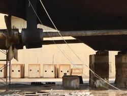 Warship repaired in dock Stock Footage