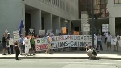 A crowd of picketers holds banners and signs in protest of BP Oil. Stock Footage