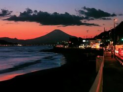 Sunset scene on the sea and Mt fuji in Japan. Stock Footage