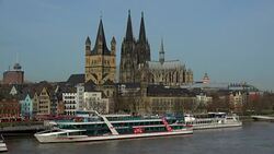 Old Town with Cathedral, Gross St. Martin's Church and Rhine River, Cologne, North Rhine-Westphalia, Germany Stock Footage