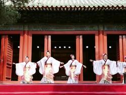 WS Shot of Female dancers performing in traditional costumes at temple AUDIO / Beijing, Hebei Province, China Stock Footage