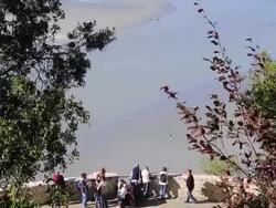 Mont Saint-Michel (Le Mont Saint-Michel), tourists in the lower ramp Stock Footage