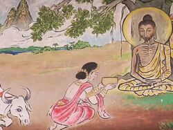 MS View of mural painting of Fasting Buddha in temple / Gaya, Bihar, India Stock Footage