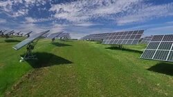 AERIAL Solar Power Station With Turnable Panels (4K/UHD) Stock Footage