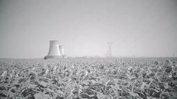 Cooling towers in the middle of agricultural sunflower field. Black and white with lots of grain Stock Footage