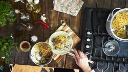 Preparing Spaghetti alla Vongole Stock Footage