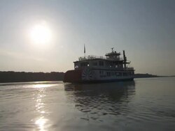 WS POV Steam boat moving in Hannibal Mississippi river / Hannibal, Missouri, United States Stock Footage