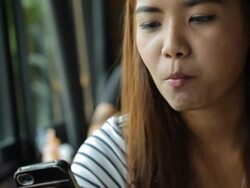 Portrait of happy woman have sandwich at cafe Stock Footage