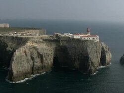 AERIAL WS PAN Cape St Vincent with lighthouse / Sao Vicente, Faro, Portugal Stock Footage