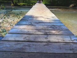 Hiker walking across wooden bridge Stock Footage