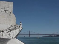 Lisbon, Monument of the Discoveries (Padrao dos Descobrimentos), view of the western profile of the monument along the Tagus river, Belem Stock Footage