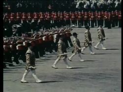Eventful Britain Archive: Guards band marching, Horse Guards Parade, London, United Kingdom. 1958. Stock Footage