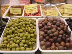 MS Shot of Pickled olives in delicatessen shop in Ambrogio market / Florence, Tuscany, Italy Stock Footage