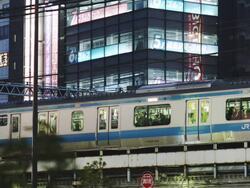 MS View of JR Keihin Tohoku Line at Shinbashi station / Tokyo, Tokyo-To, Japan Stock Footage
