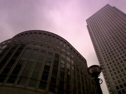 High rise office blocks, low angle rotate, Canary Wharf, London, UK Stock Footage