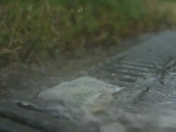 High Speed UK five pound note and coins almost being washed down drain Stock Footage