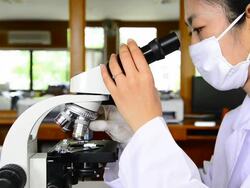 Researcher looking into a microscope in laboratory Stock Footage