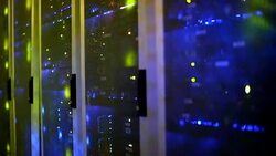 Lights blinking on server panels in server room cabinets Stock Footage