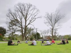 WS People doing stretching exercise in local park / Melbourne, Victoria, Australia Stock Footage