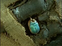 Egyptian Hand, CU blue scarab beetle ring Stock Footage