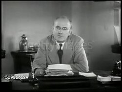 1947: ASSOCIATION OF AMERICAN RAILROADS: CU Door. REPRISAL: VS President William T. Faricy (unconfirmed) at desk w/ reporters '...today, they are moving more tons of freights, more miles than ever before... a record of achievement.' Washington D.C. Instructional Video