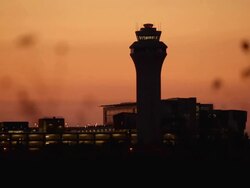 airport ATC tower in sunset Stock Footage