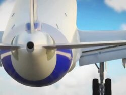 Jet plane landing with blue sky and fluffy clouds Stock Footage