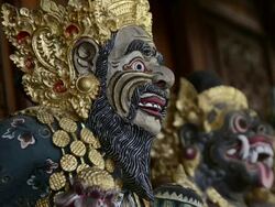 MS Old wood carving god like figure at temple guardian / Ubud, Bali, Indonesia Stock Footage