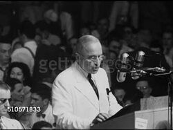 1948: DEMOCRATIC NATIONAL CONVENTION: President Harry S Truman behind podium saying there's a long list on Republican platform, failures of 80th Congress, high prices, housing, calling 80th Congress back into Session on 26th of July...MS Sipping water Instructional Video