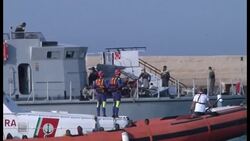 Italy - Boat carrying 162 immigrants from Eritrea arrives just as Pope landing /  Pope Francis greets immigrants on visit to Italian island News Clip