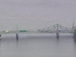MS AERIAL ZI Shot of cars crossing Glienicke bridge on Havel river at Potsdam / Germany Stock Footage