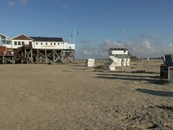 WS View of cafÃƒÂ© and wicker beach chair, North Sea North Frisia, / St. Peter Ording, Schleswig Holstein, Germany Stock Footage