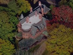 MS AERIAL ZI Sorts ground at near Mark Twain House in city / Connecticut, United States Stock Footage