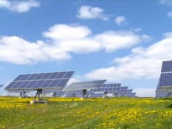 Solar park in spring time lapse Stock Footage
