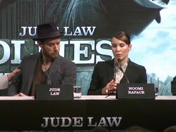 INTERVIEW Noomi Rapace on changing roles and Robert Downey Jr and Jude Law on reinventing the roles of Holmes and Watson at the Sherlock Holmes Game of Shadows press conference at One Mayfair on 12th December 2011 in London, UK Stock Footage