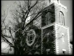 B/W 1960's top of church seen thru trees / Selma, Al / SOUND Stock Footage