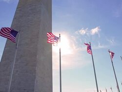 A static shot w/ a lens flare of american flags blowing in front of the Washington Monument. Stock Footage