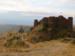 Amberd castle, view of the castle and Vahramashen church in the buckground Stock Footage