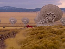 WS, Rows of satellite dishes in Very Large Array, New Mexico, USA Stock Footage