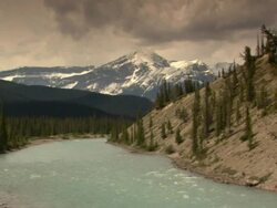 Long Shot static-A blue river flows past a rocky shore and a pine forest. / Canada Stock Footage