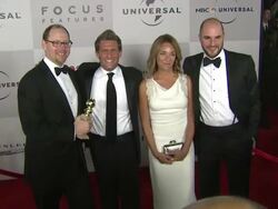 Jeffrey Levy-Hinte, Gary Gilbert, Celine Rattray, Jordan Horowitz at the NBC Universal's 68th Annual Golden Globes After Party at Beverly Hills CA. (Footage by WireImage Video/GettyImages) Stock Footage